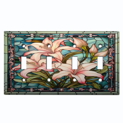 Couvercle de plaque d'interrupteur en métal; Bascule à 4 bandes US standard - image imprimée de fleurs en verre coloré