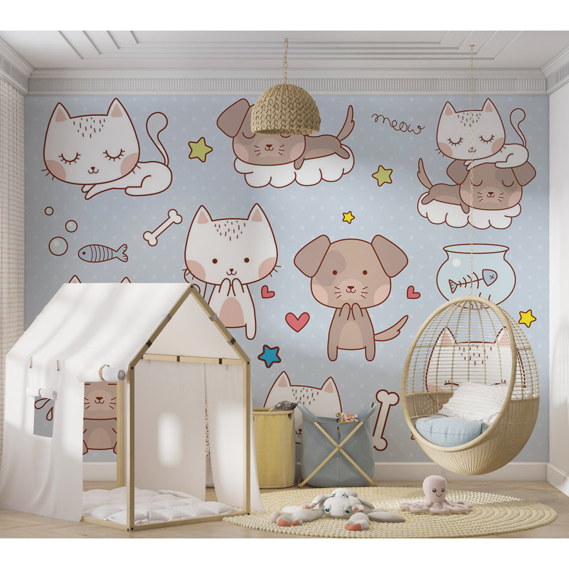Adhésif mural pelez et collez les enfants - Dessin de chats et de chiens, L 173 po x L 124 po