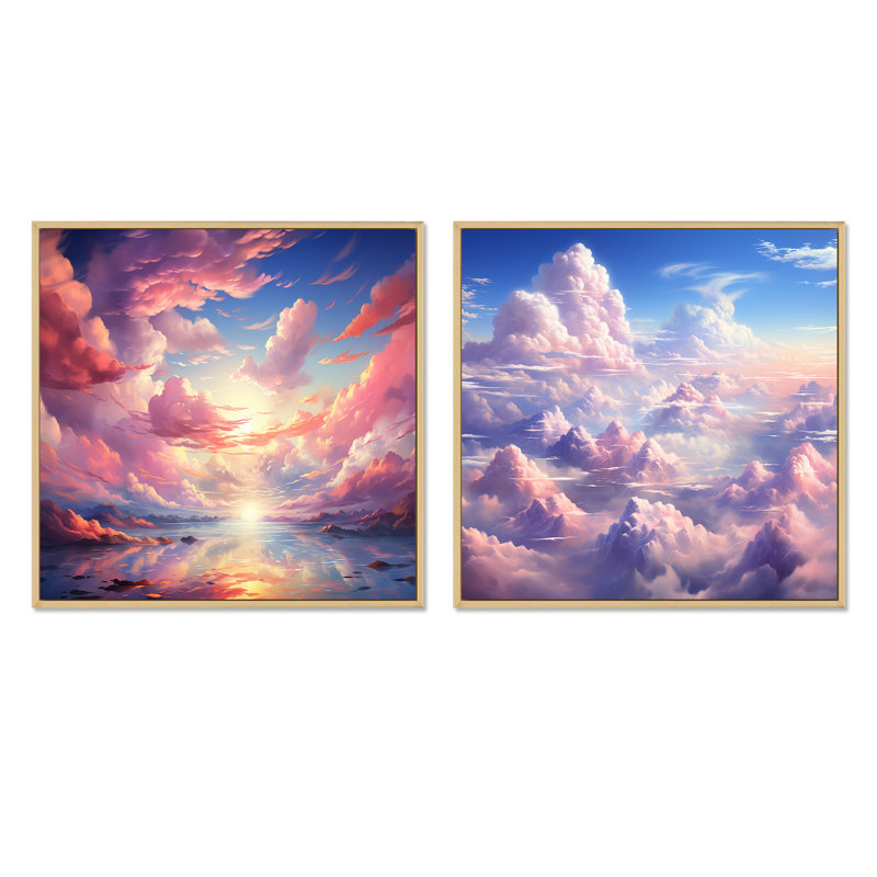 Kawaii Landscape Clouds - Clouds Square Collage, ensemble de 2, H 16 po x l 33 po, Cadre flottant brun