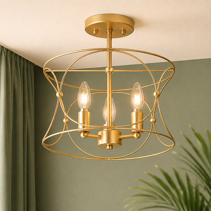 3-Light Drum Cage Frame Semi-Flush Mount Light