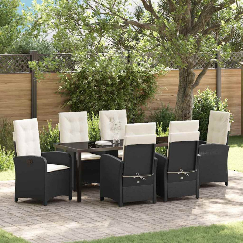  Ensemble de salle à manger de jardin avec coussin 7 pièces en rotin de polyester noir, Beige Cushion/Black Frame, 6