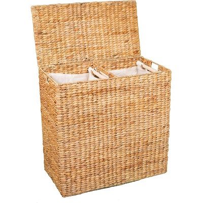 Intérieur de panier à linge Water Hyacinth (naturel) | Écologique | En fibres de jacinthe tissées à la main | Comprend deux sacs en coton amovibles | Panier à linge en osier avec couvercle