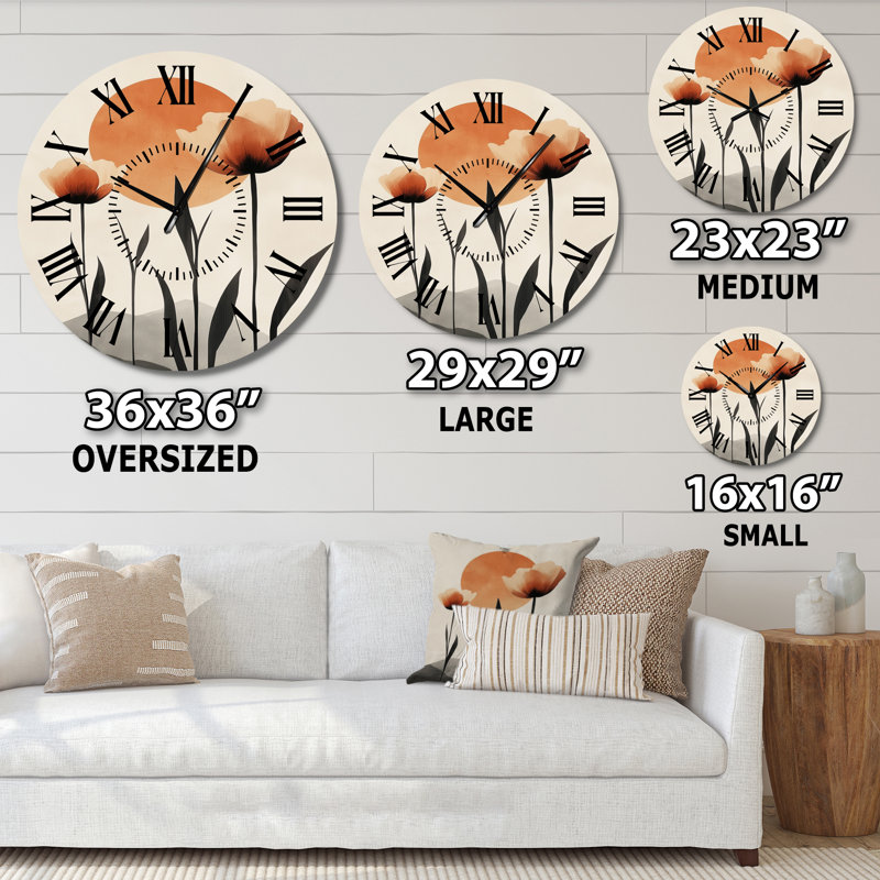 Horloge murale ronde en métal orange à motif tulipes de style années 50, inspirée des fleurs du soleil., Médium