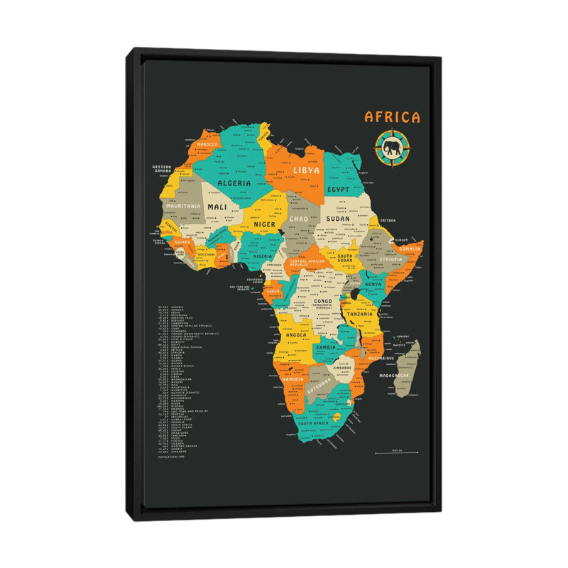 Carte de l'Afrique, impression sur toile tendue, H 26 po x l 18 po x P 1,5 po, Toile encadrée noire, Pas de tapis
