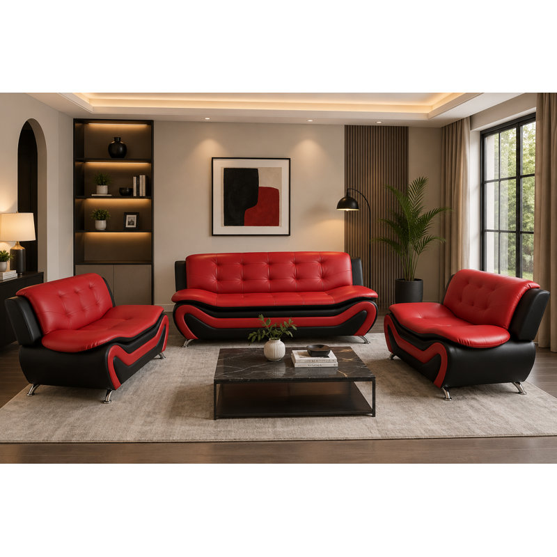 Ensemble de salon en similicuir 3 pièces, Similicuir noir / rouge