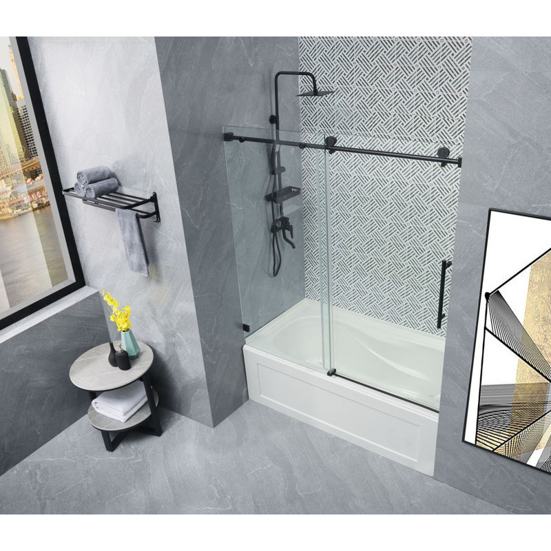 56-60 W x 62 H Frameless Single Sliding Tub Door, Black