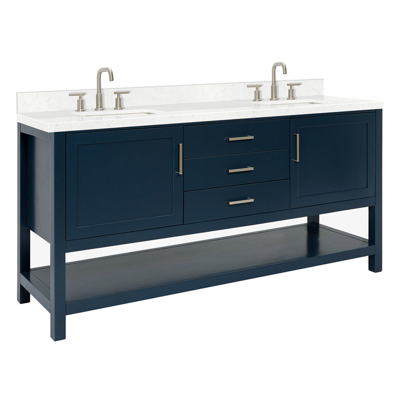 Ensemble de meuble-lavabo double 73 po Abby, Rectangulaire, Bleu minuit, Quartz blanc de Carrare