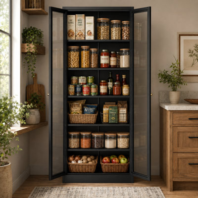 Black 72 Inch Metal Kitchen Storage Cabinet with Glass Doors 5 Adjustable Shelves 80 lb Capacity per Shelf Magnetic Closure Anti Tip Kit 14 Inch Deep Freestanding Pantry Cabinet