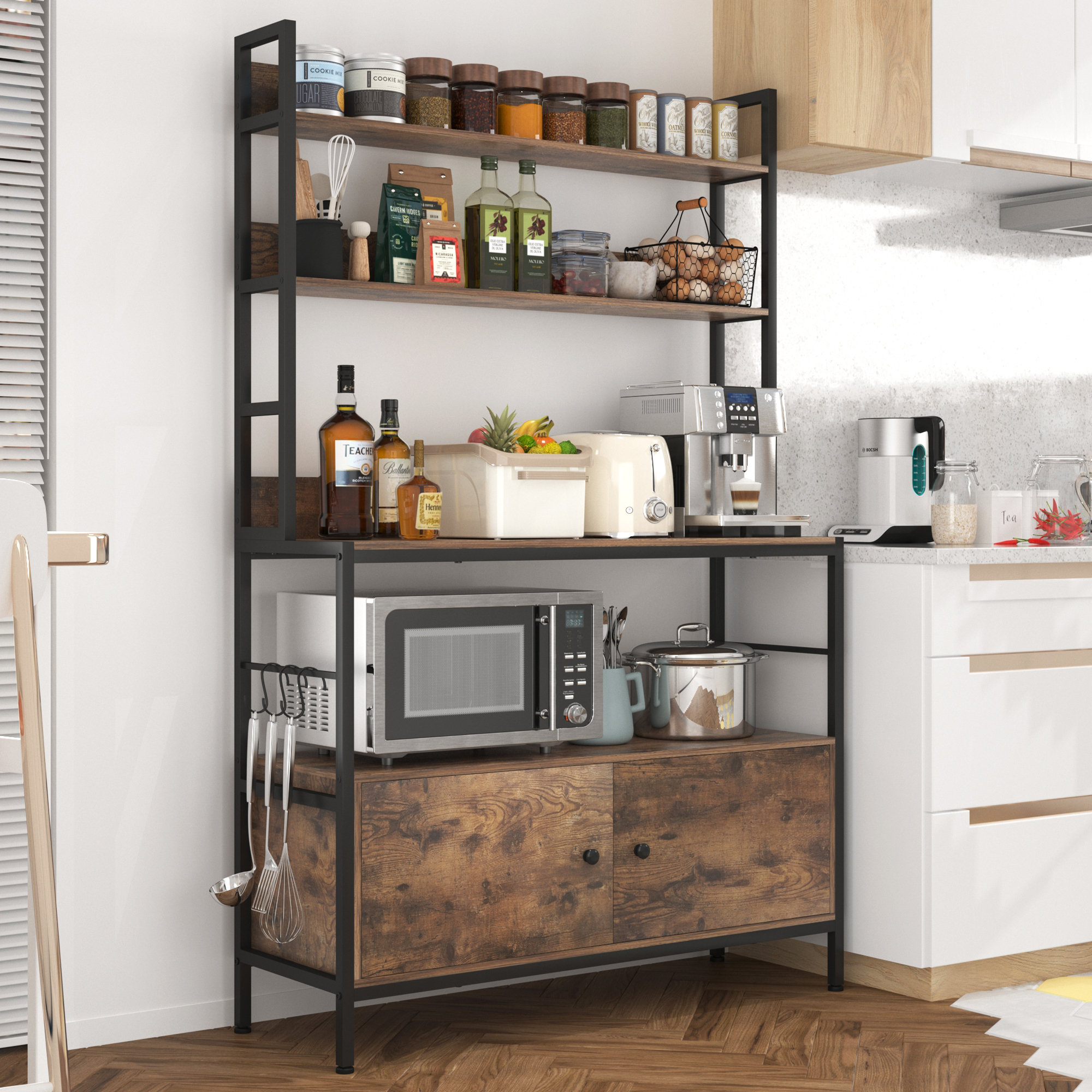 17 Stories Kitchen Bakers Rack With Storage Cabinet And Microwave ...