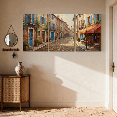 Scenic &Cityscapes French Village Street Scene Painting Set of 3 Canvas Wall Art Prints