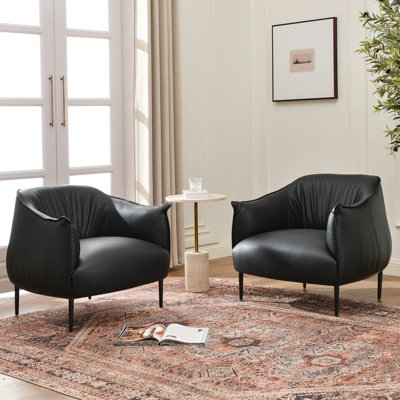 2 - Pieces 33" Wide Faux Leather Barrel Chair With Pleated Backrest Metal Legs