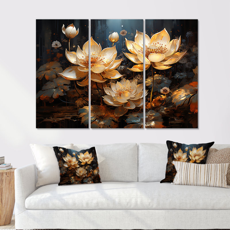 Golden Lotus Tranquility III - lot d'art mural lotus, H 32 po x l 48 po x P 1 po