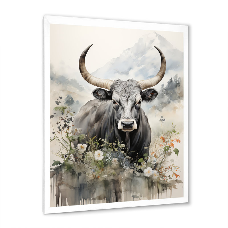 Bianaca, art asiatique, vache Sumi III, H 44 po x l 34 po x P 1,5 po, Cadre photo blanc