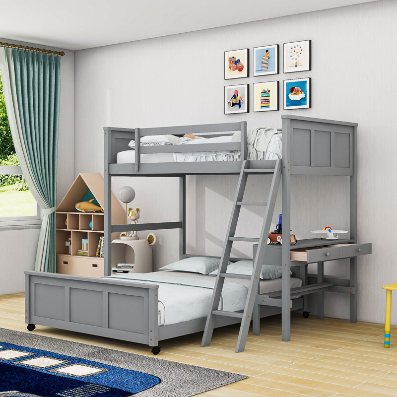 Lit superposé en bois avec bureau d'étude intégré et tiroirs de rangement, Gris, Simple