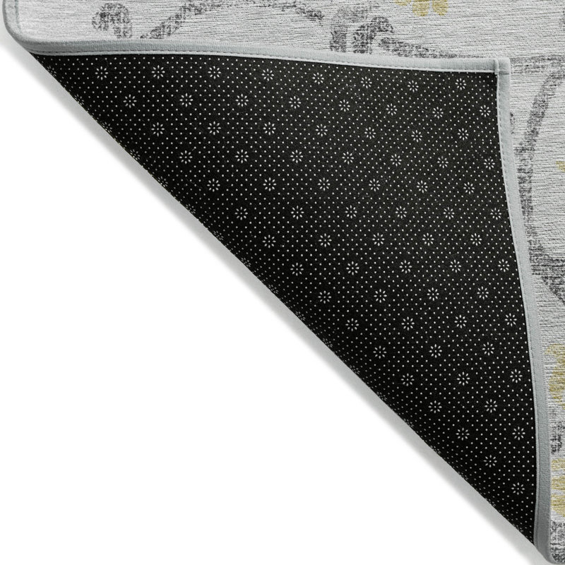 Tapis extérieur lavable à motif floral gris argenté et doré 3 pi x 5 pi