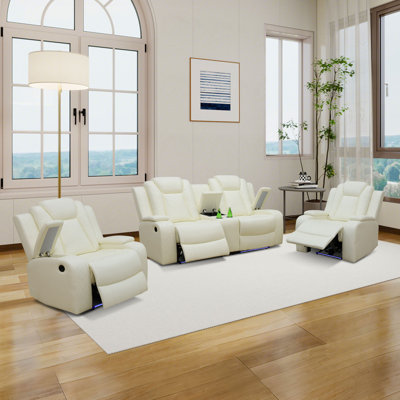 3-Pieces Breathable Leather Power Reclining Living Room Set USB Charging & Storage & Cupholders: Loveseat+Chair+Chair