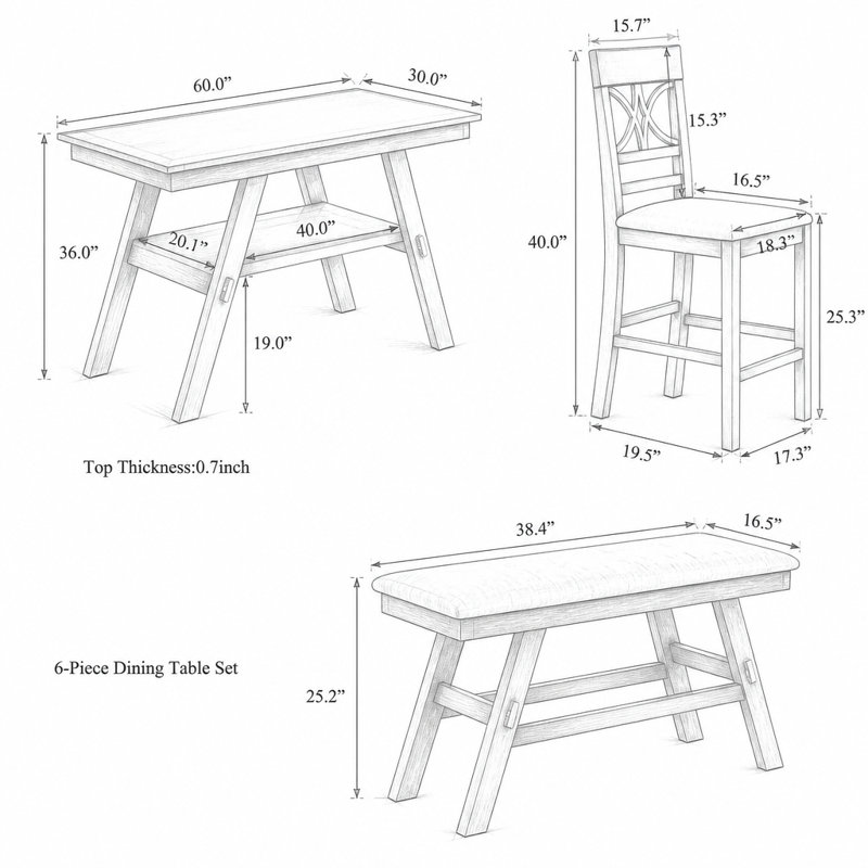 Ensemble de table et de chaises de salle à manger en bois, hauteur de comptoir, 6 pièces, avec tablette de rangement, banc et 4 chaises.