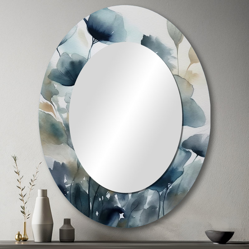 Blue Leaf Foliage And Flowers III - Large Oval Wall Mirror On Metal, 43" x 33"