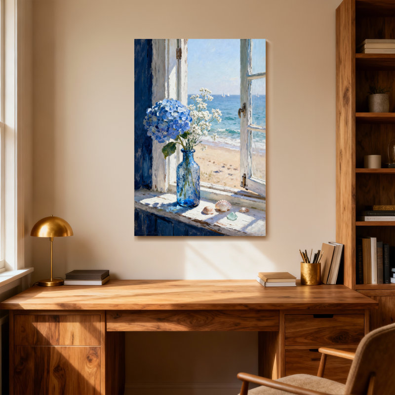 Vue de la fenêtre de plantes et de fleurs avec des fleurs bleues et la mer, H 24 po x l 36 po