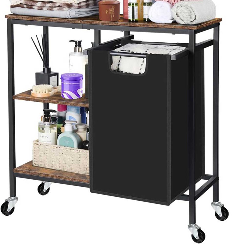 Panier à linge industriel avec étagères de rangement, support pour poubelle/panier à linge rustique de 74,4 cm (29,3 po) avec plateau en bois, structure en métal noir mat et 2 étagères.