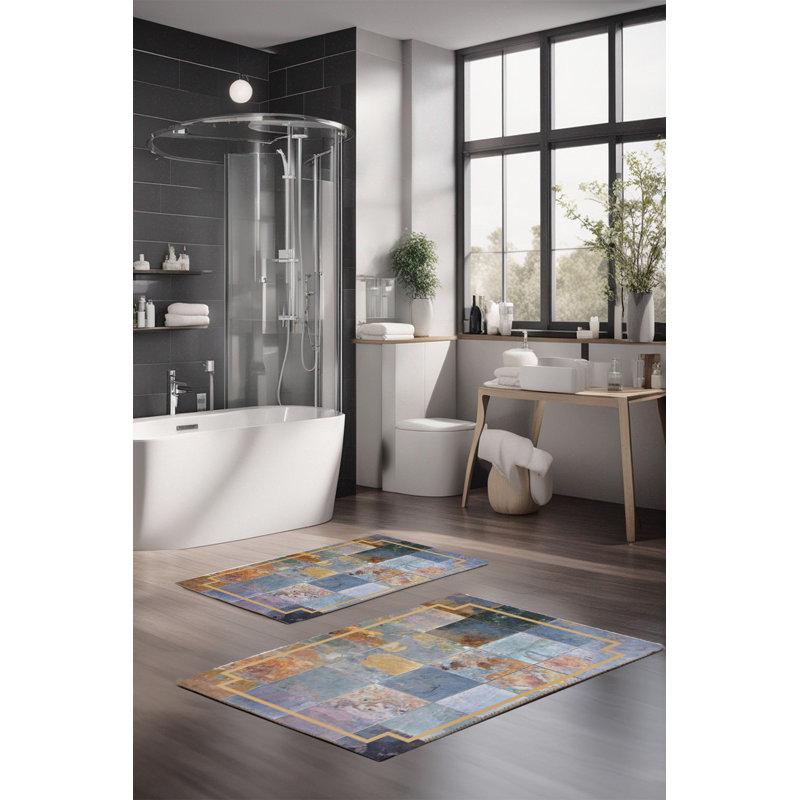Eakly Luxury Bathmat Set (2 Pieces), 100% Polyester, 16.0 x 23.6 inches & 23.6 x 39.4 inches | Non-Slip Antibacterial Design, 0.3 in Pile Height | Machine Washable, Durable & Easy to Clean | Ideal for Bathroom Décor