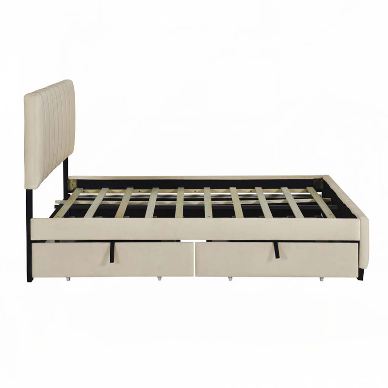 Chavanne Velvet Upholstered Platform Bed with Drawers and Trundle, Beige