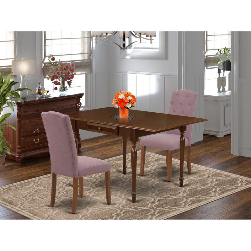 L'ensemble de meubles de salle à manger 3 pièces contient une table de salle à manger rectangulaire avec Dropleaf et 2 chaises parsons en tissu Dahlia, acajou