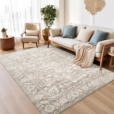 Machine Washable Medallion Floral Area Rug(Brown)