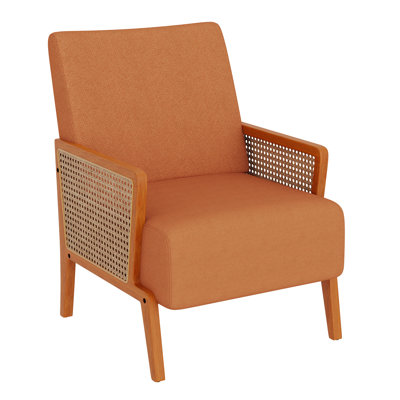 Upholstered Accent Chair With Rattan Arms And Solid Wood Legs