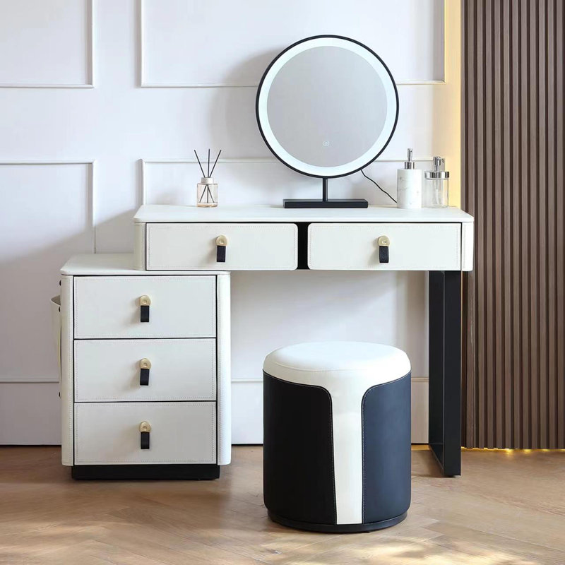 Barenia Leather Chic Makeup Table and Vanity Stool Set Premium Faux Leather Vanity Desk with Mirror