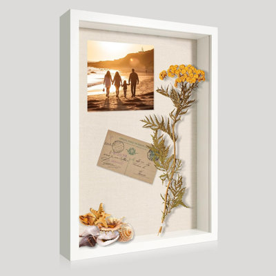 White 12x16 Wooden Shadow Box Frame with Tempered Glass & Linen Back, Wall Display