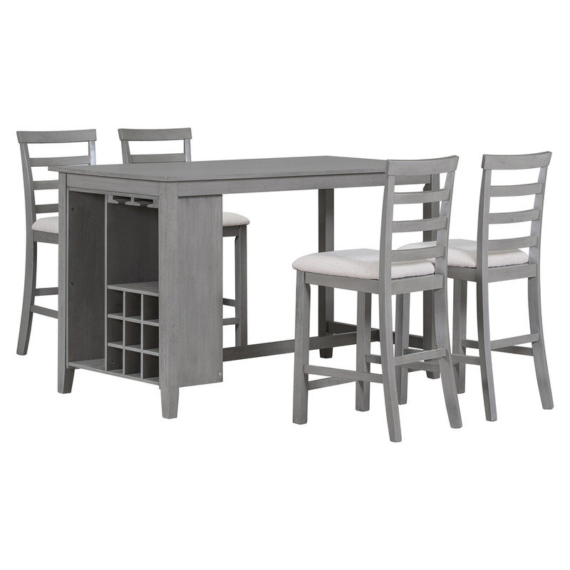 Rural Style 5-Piece Dining Table Set with 4 Padded Chairs and Built-in Storage for Dining Room, White/Grey