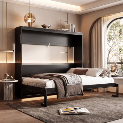 Queen Side Folding Murphy Bed With Led Lighting, Usb Outlet & Printed Pattern, Space-saving