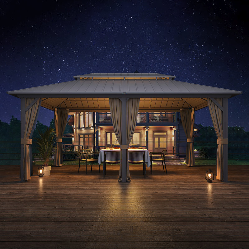 Outdoor Gazebo, Heavy Duty Steel Frame Gazebowith 2-tier Metal Roof, Suitable for Patios, Lawn and Backyard, 12x18FT, Brown