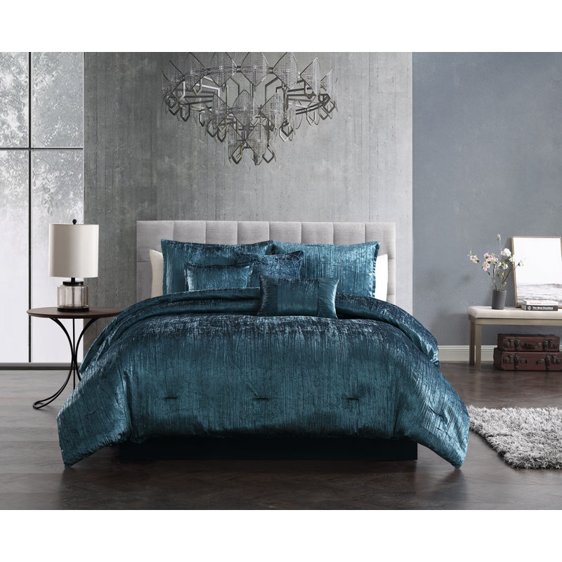 Royal Blue Crinkle Velvet King Comforter Set with Decorative Pillows