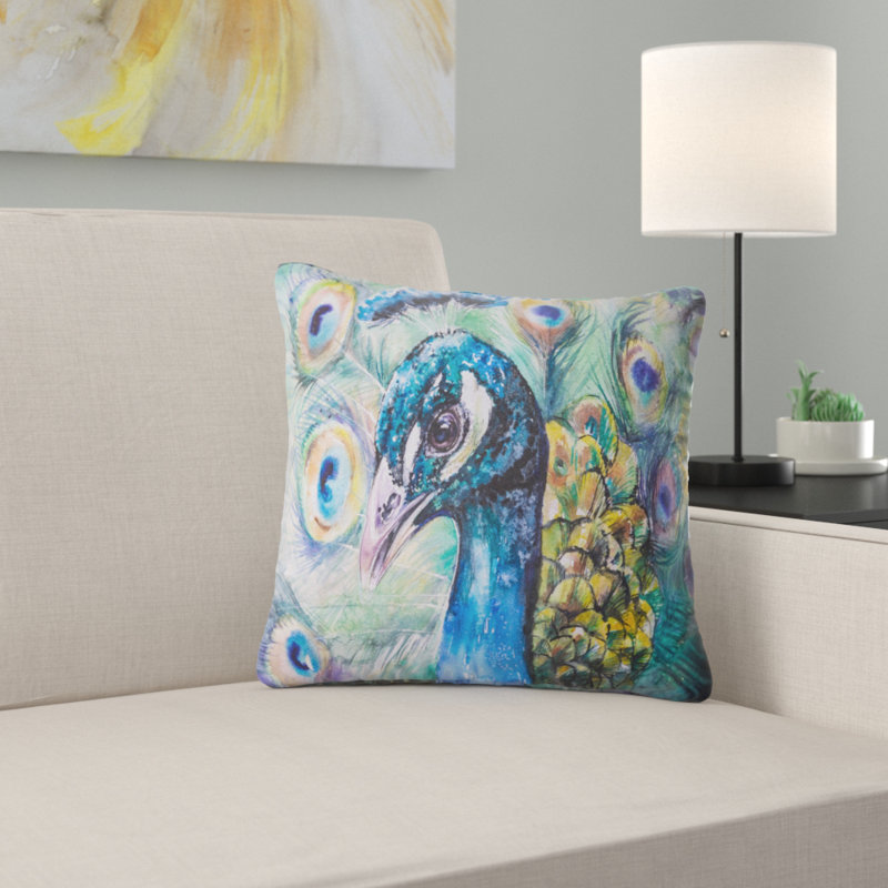Magnifique paon aquarelle - coussin imprimé animal, 16 po x 1 po, Coussin décoratif