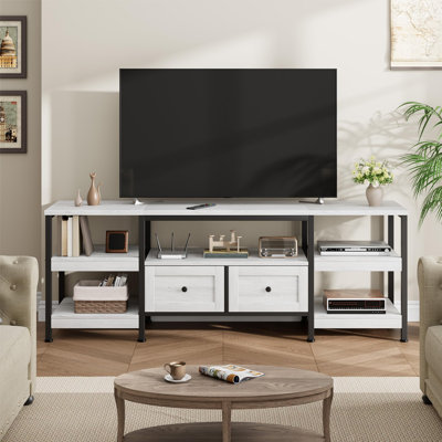 Ce meuble télé de 79 po de style industriel rustique convient à un téléviseur de 85 po, une console multimédia avec 2 tiroirs en tissu et des tablettes de rangement réglables, un panneau de fibres à densité moyenne à grain de bois et un cadre en métal thermolaqué noir pour le bureau du salon
