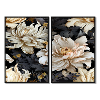Élégante décoration murale moderne beige doré et fleurs noires - Glam doré, 2 pièces