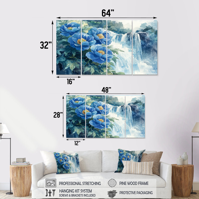 Pivoines par la cascade I - décoration murale par pivoines - art mural traditionnel, H 28 po x l 48 po, 4