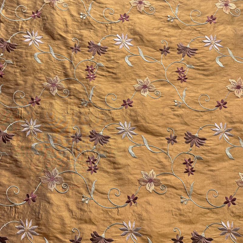 Cellini Fabric | Floral Embroidered Silk Fabric | Drapery & Curtain Fabric, Toast