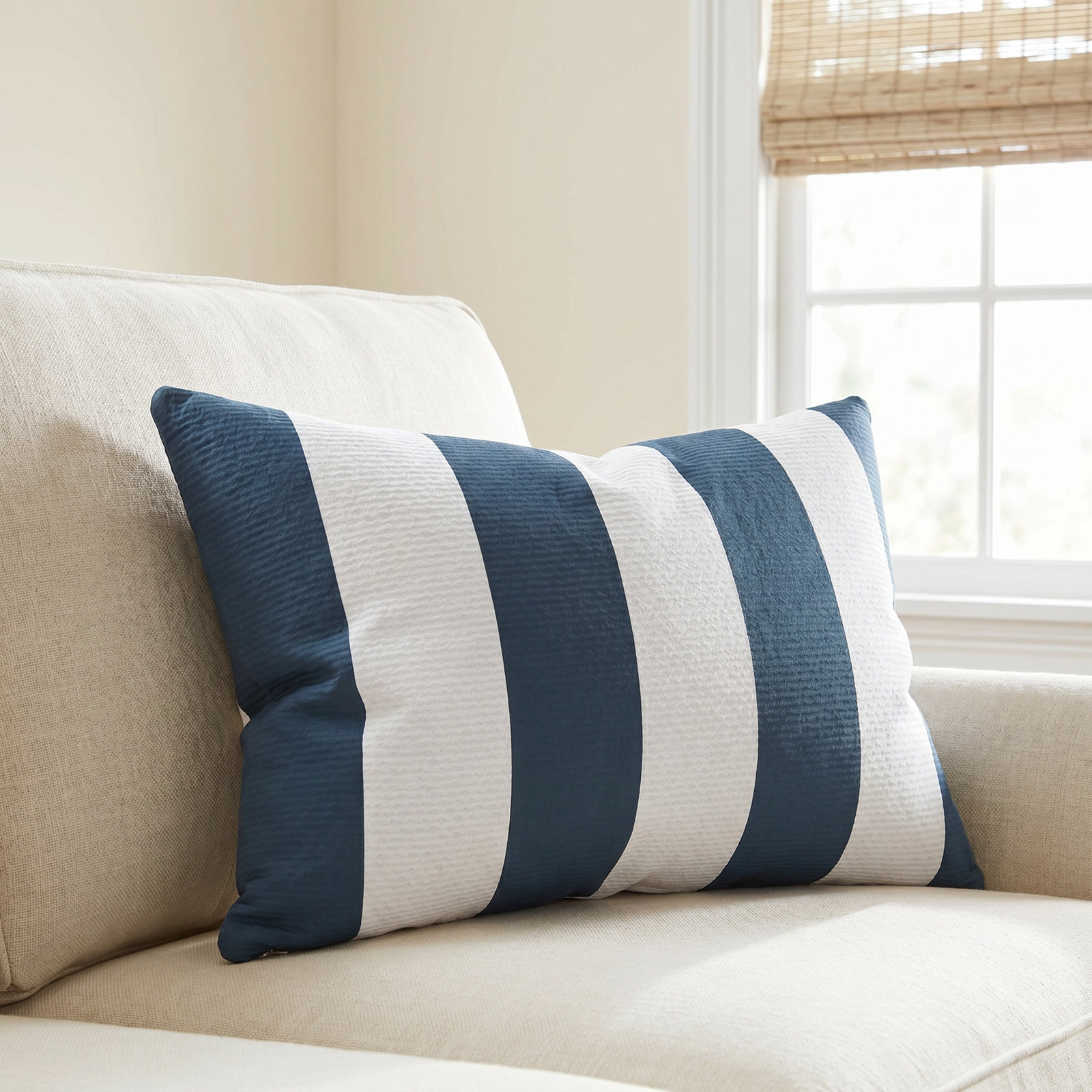 Amala 20" x 3" Sunbrella® Throw Pillow, Refuge Indigo Striped Sunbrella®