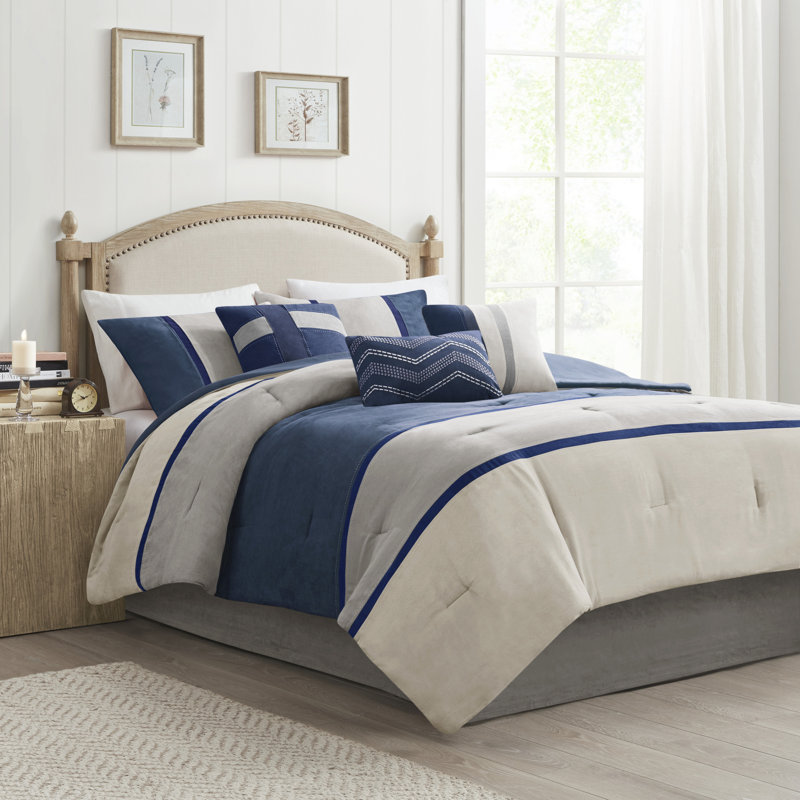Blue and Beige Queen Reversible Microfiber Comforter Set