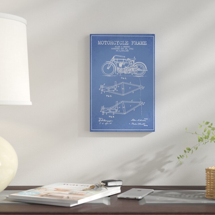 Allen A. Horton Motorcycle Frame Patent Sketch' Graphic Art Print On Canvas in Light Blue East Urban Home Size: 60 H x 40 W x 1.5 D