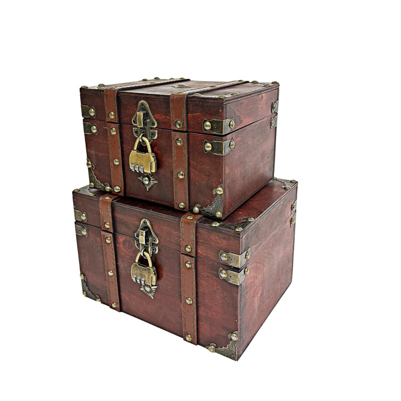 Ensemble de boîte à trésor en bois avec serrure, Brun