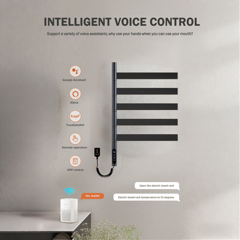 Porte-serviettes chauffants pour salle de bain, chauffe-serviettes mural pivotant à 180 ° avec minuterie intégrée, accessible par WiFi, commande vocale de soutien