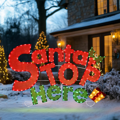 Large 60 Inch ‘Santa Stop Here' Sign Outdoor Christmas Decorations With LED Lights