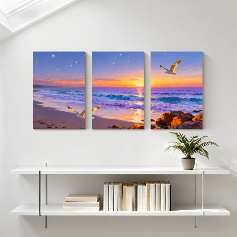 Abstrait, coucher de soleil, mouettes, ciel, océan, vagues, roches, ensemble de 3 impressions sur toile, H 18 po x l 36 po