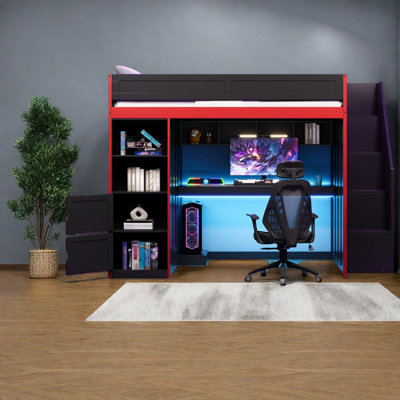 Lit mezzanine en bois moderne peu encombrant avec lumières à DEL, rangement, bureau de jeu