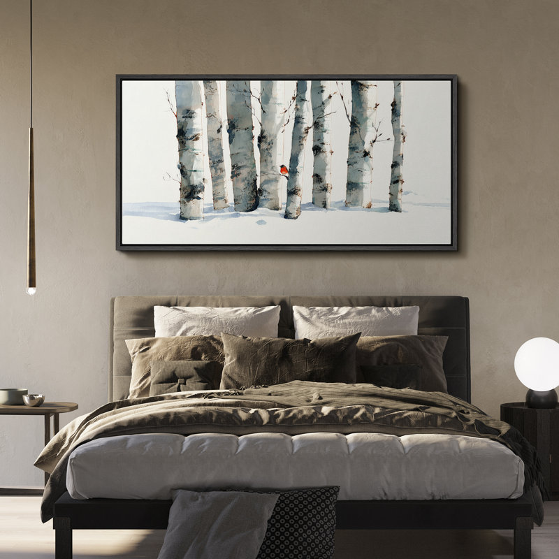 «Winter Tree Forest with Red Bird», très grandes photos, impression sur toile encadrée, H 30 po x l 60 po, Noir