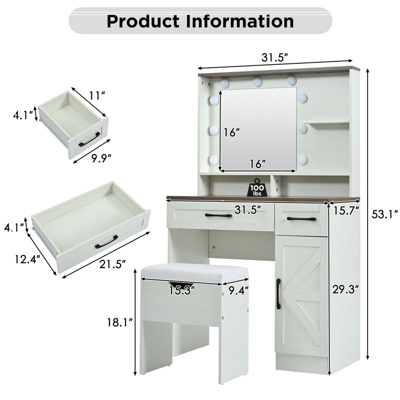 Farmhouse Makeup Vanity Desk with Mirror and Lights, 3 Lighting Modes, Vanity Set with Stool, Dressing Table with Adjustable Shelves,2 Drawers and Side Cabinet for Bedroom
